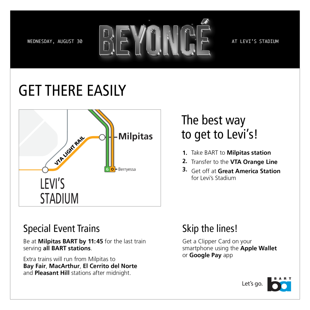 Beyonce Event Rider Guide August 30 2023 Getting to Levi's Stadium