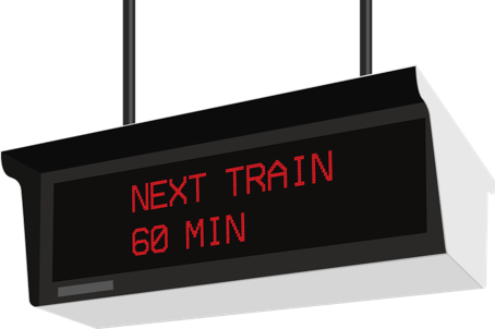 Graphic of a BART Platform sign reading "Next Train 60 Min"