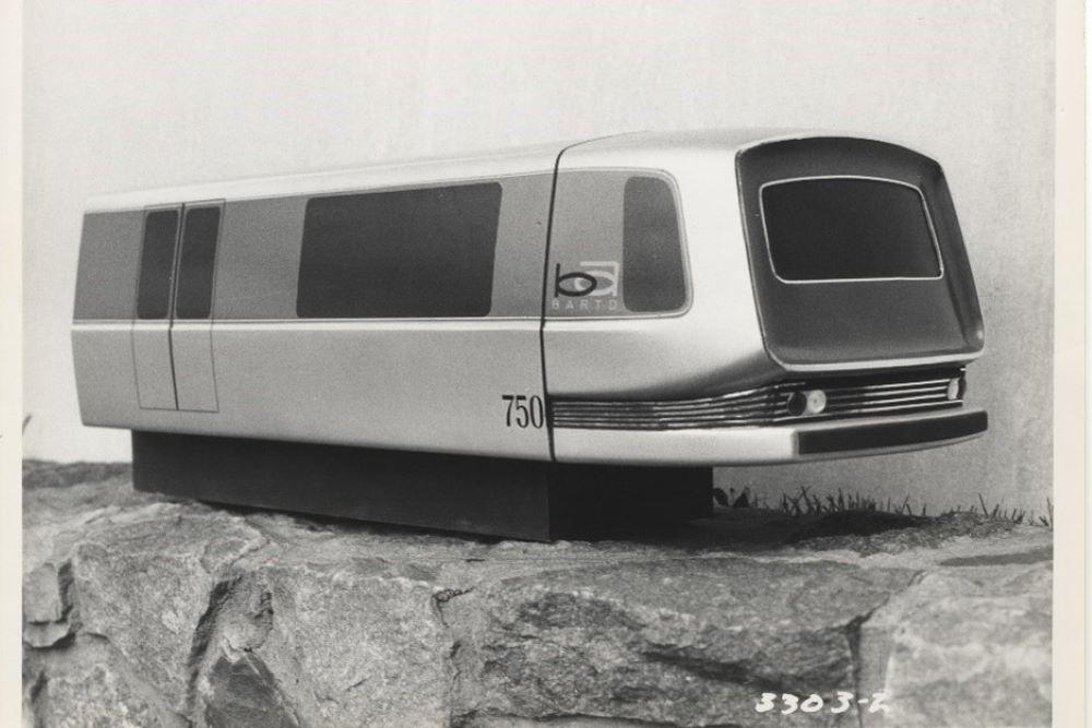 An image of a 1/12 scale model of a BART train car prototype from the 1960s. Image courtesy of Sundberg-Ferar.