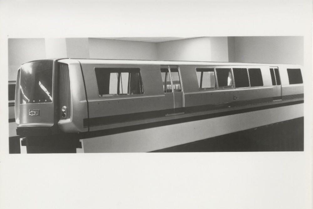 An image of a 1/12 scale model of a BART train car prototype from the 1960s. Image courtesy of Sundberg-Ferar