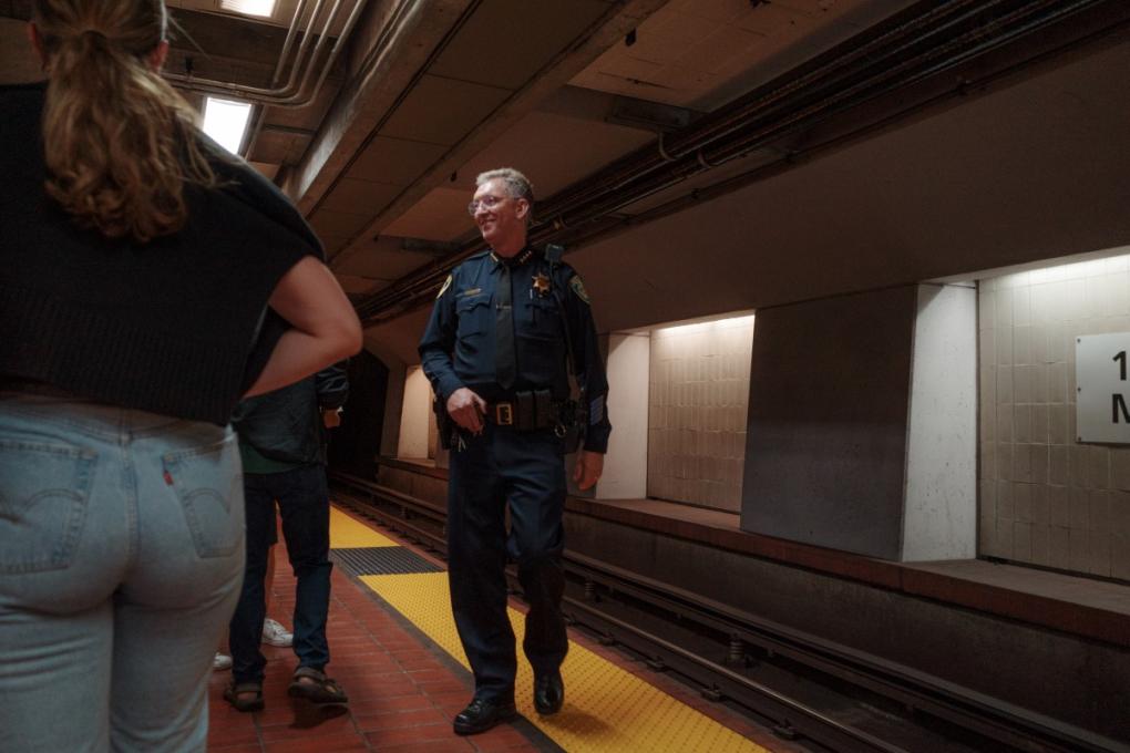 Interim Chief of BART Police Kevin Franklin is pictured on the platform at 16th Street Mission Station before boarding the SFO-bound train on Friday, Sept. 8, 2023. 