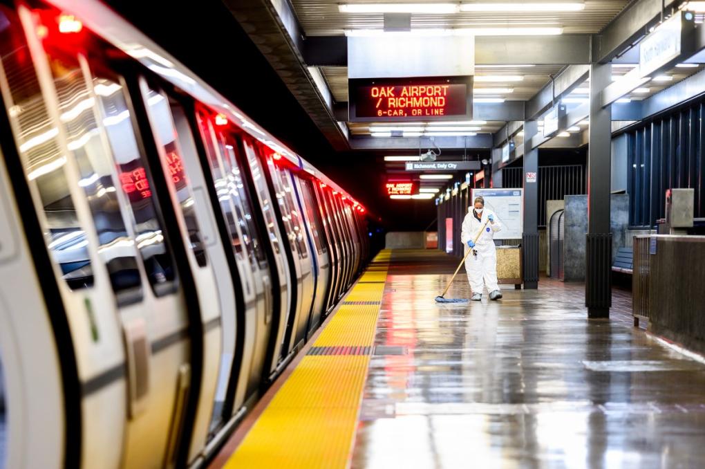 The shining platform floors at Hayward Station after cleaners scrubbed, sealed, and waxed them. 