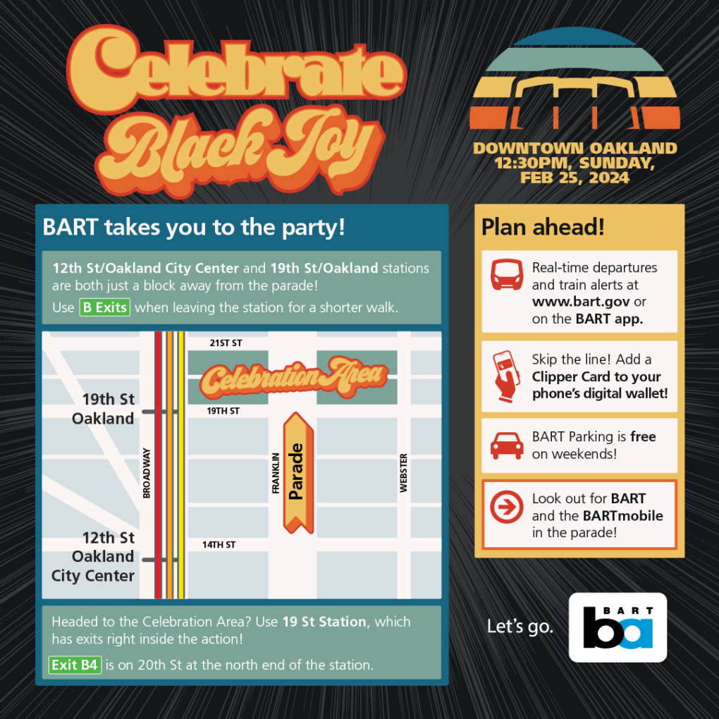 Celebrate Black Joy. Use 12th Street and 19th Street stations. Use B exits when leaving the station for a shorter walk.