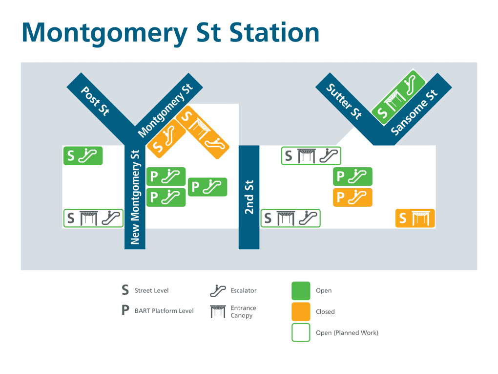 A map of Montgomery St. Station showing entrance status