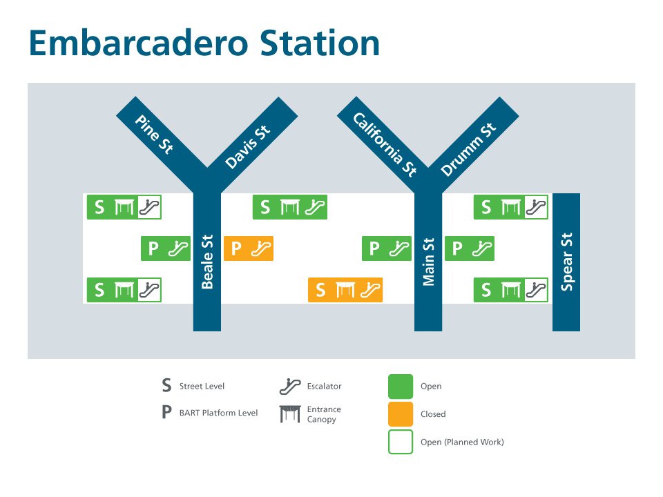 Map of Embarcadero showing open and closed escalators