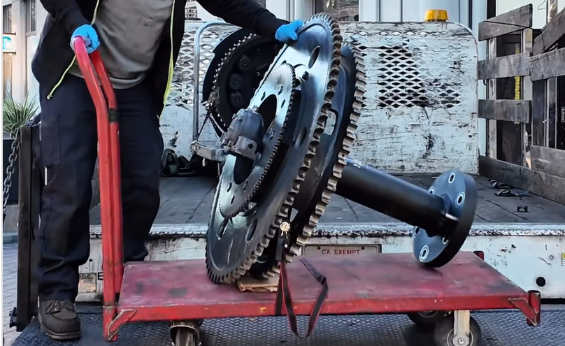 Bull gear on a red cart
