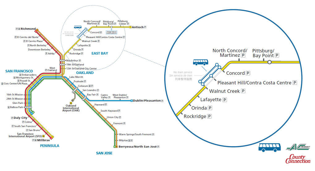 A map showing the area on the Yellow Line where crews will shutdown service for the weekend of June 21-22. Includes highlight of bus bridge service provided by County Connection and AC Transit