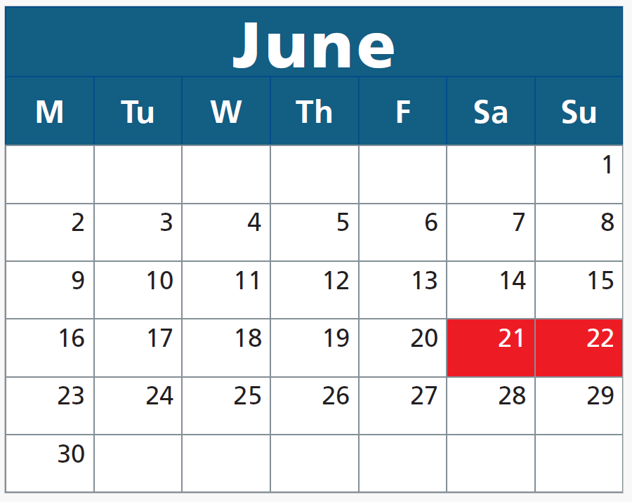 Calendar with highlighted dates for the bus bridge on June 21-22.