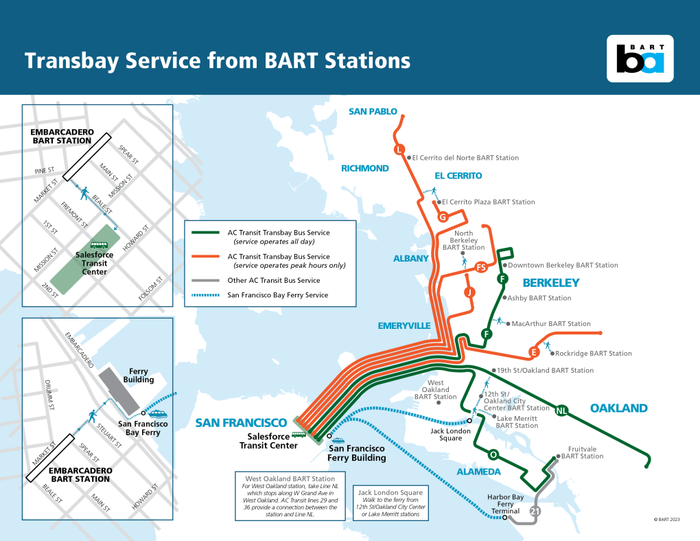 A map showing other means of public transportation that do not include BART