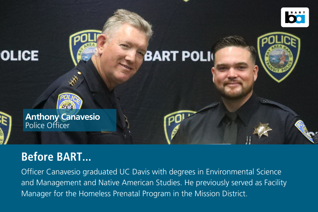 Officer Canavesio graduated UC Davis with degrees in Environmental Science and Management and Native American Studies. He previously served as Facility Manager for the Homeless Prenatal Program in the Mission District.
