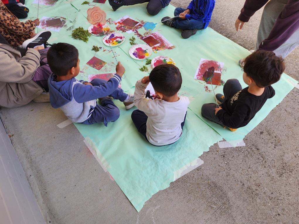 Children on the floor painting