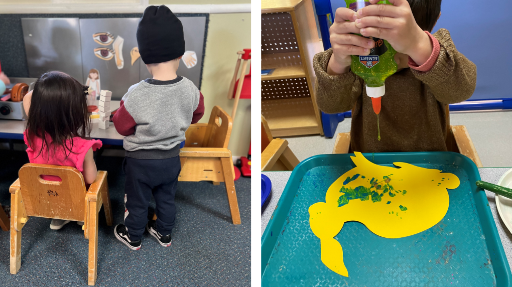 Left: two children at a table with blocks. Right: A child puts glitter glue on a bunny paper cutout.