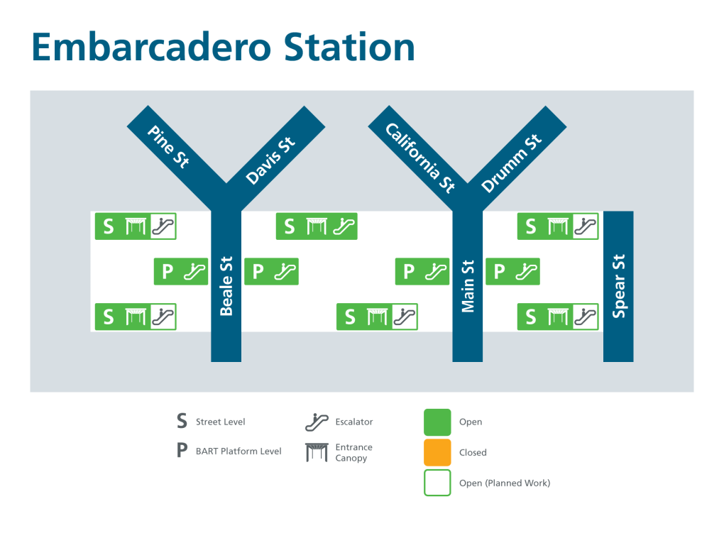 Embarcadero Station escalators and canopies map