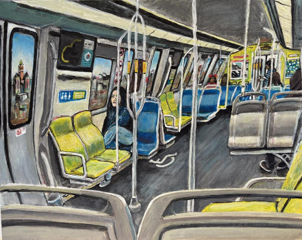 A painting of the interior of a Fleet of the Future train with green and blue seats
