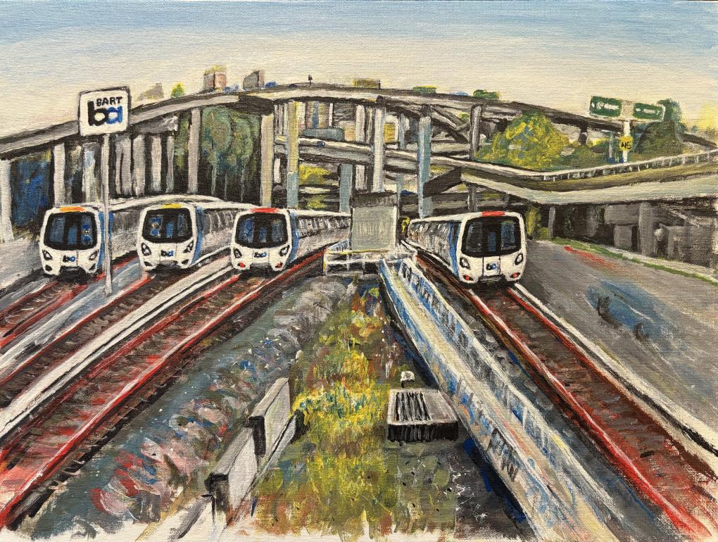 A painting of four BART trains side by side on tracks with a freeway behind them