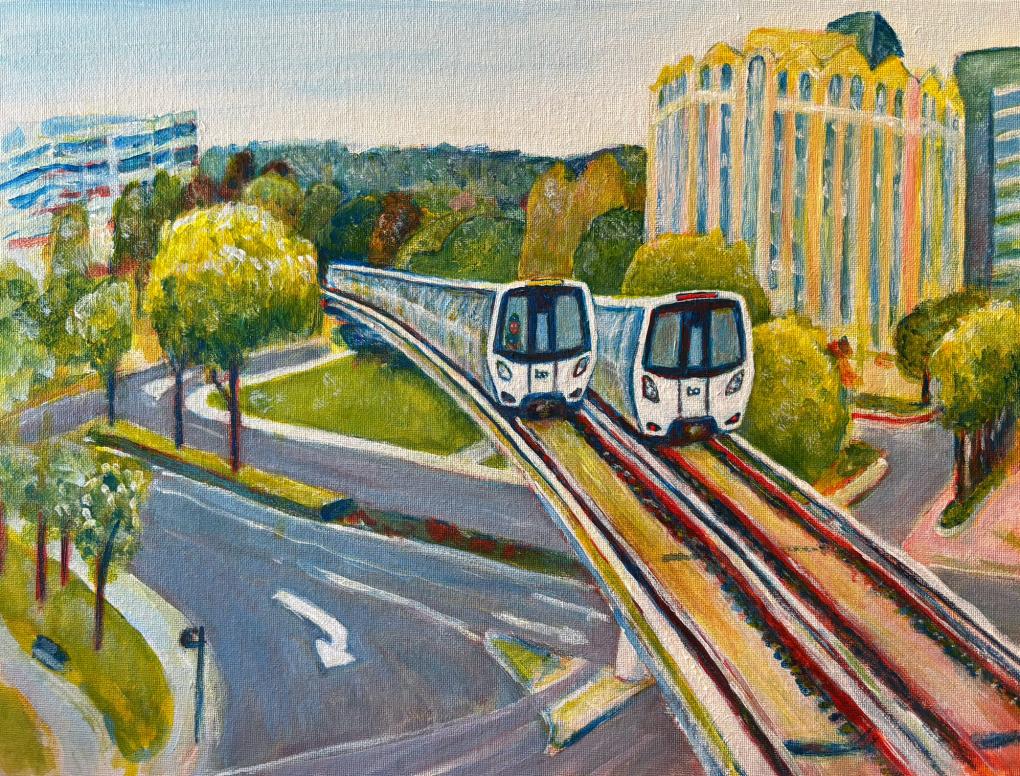 A painting of two trains side by side beside a tall building, roadway, and greenery