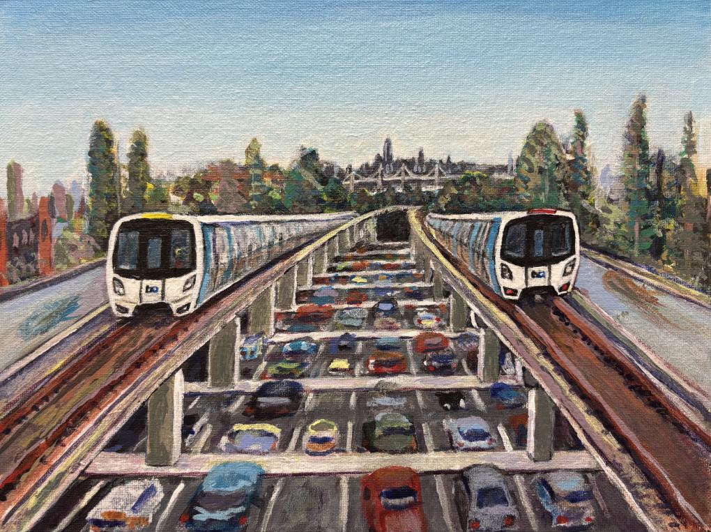 A painting of two trains above a parking lot with a blue sky and trees in the background
