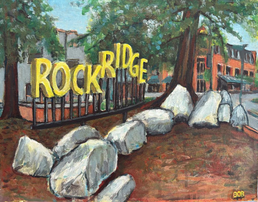 A painting of the yellow Rockridge sign with stones in front and trees and businesses behind