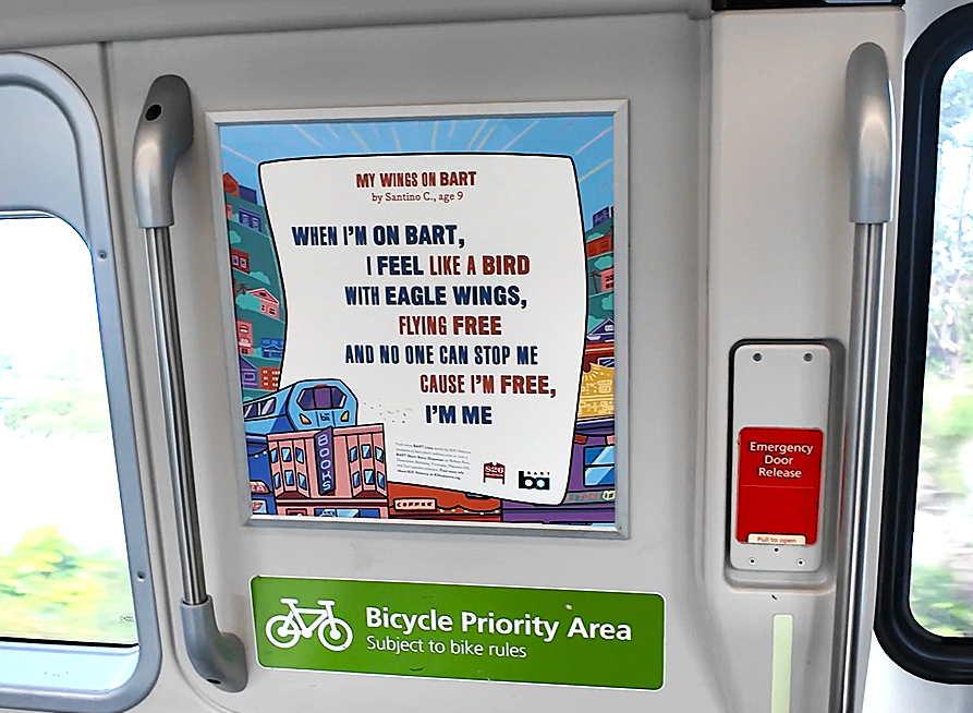Photo of a train car ad called My Wings on BART on a BART train