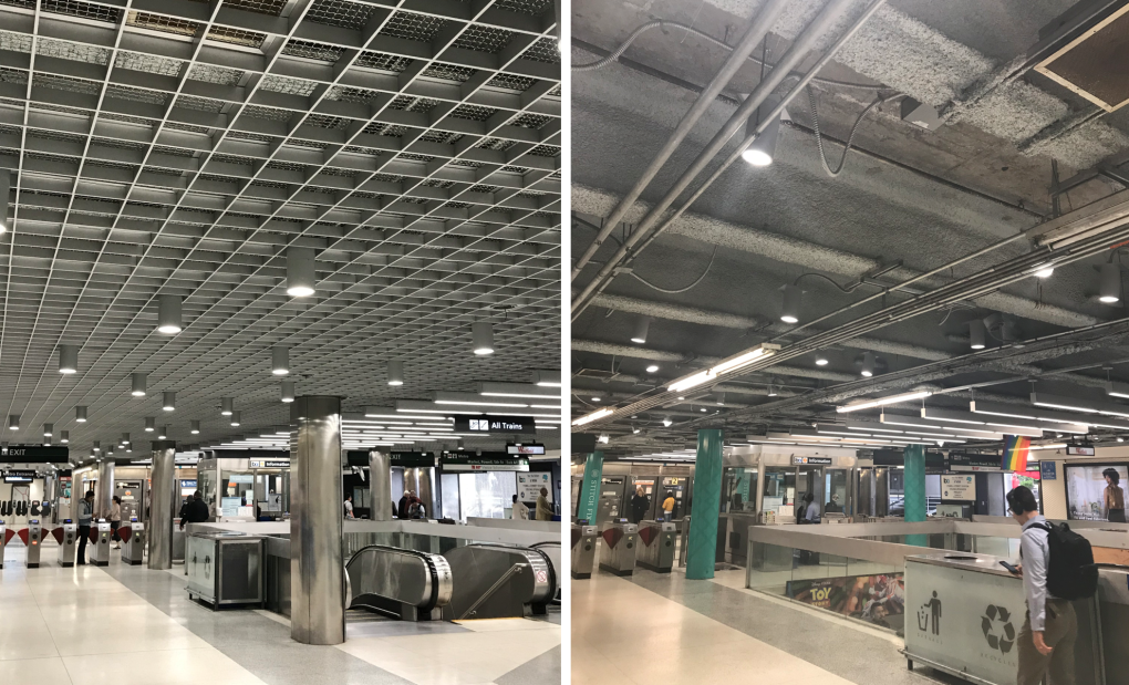 On left: Metallic grid ceiling after modernization to contain mechanical elements​. On right: Ceiling before modernization with exposed mechanical elements​ 