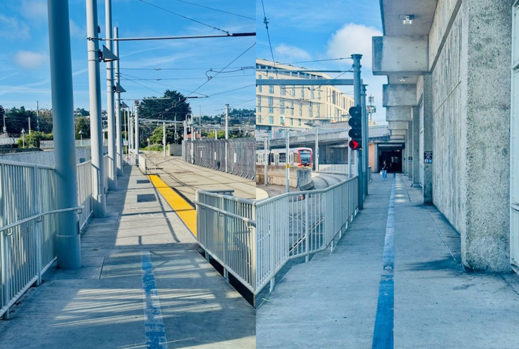 New MUNI boarding platform (L)​ and widened walkway for transit connections (R)