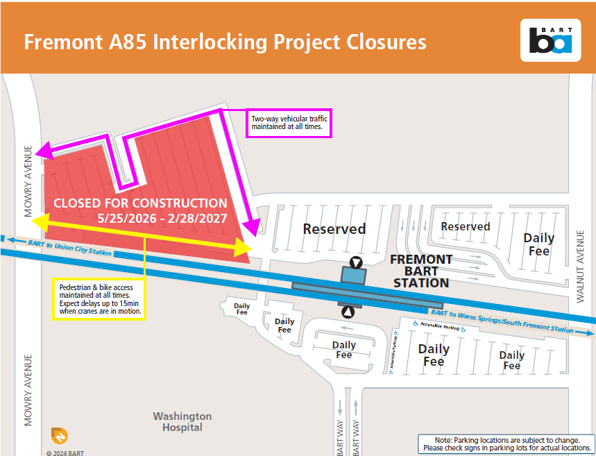 Map showing locations of parking that will be temporarily closed to allow for a construction staging area.