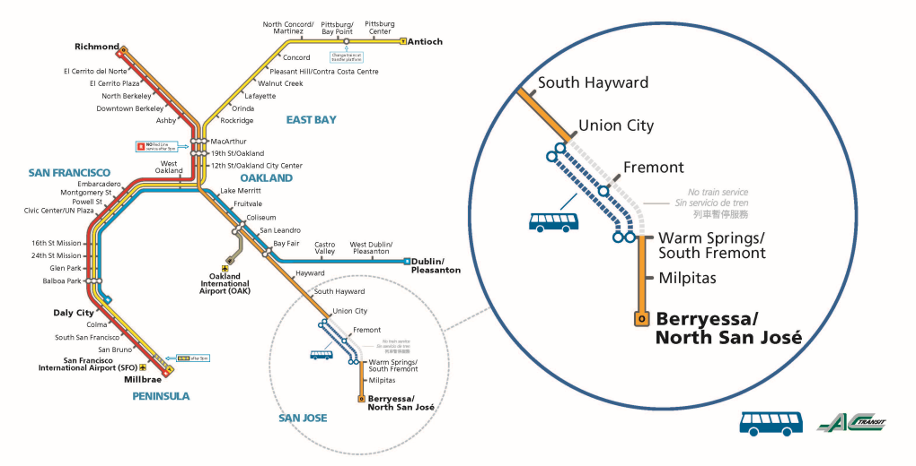 Map of BART that highlights the portion of the system between Union City and Warm Springs/South Fremont where the work will take place. The map also shows the removal of Green Line service on work weekends.