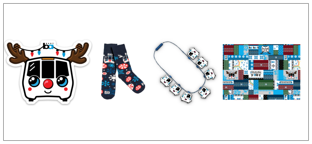 Sticker, socks, necklace, and wrapping paper are pictured