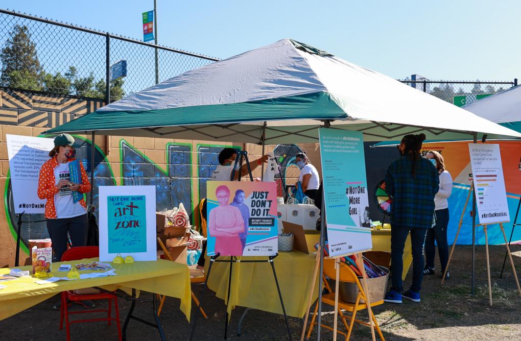 Tent set-up for Not One More Girl's in-person event at Akoma Market in Oakland on April 18. Photo: Stephen Woo