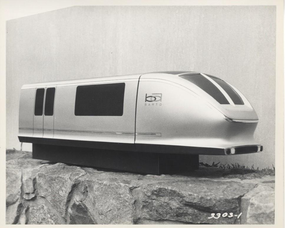 Photograph of a 1/12 scale model of a BART train prototype from the 1960s.