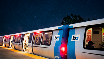 A BART train at night